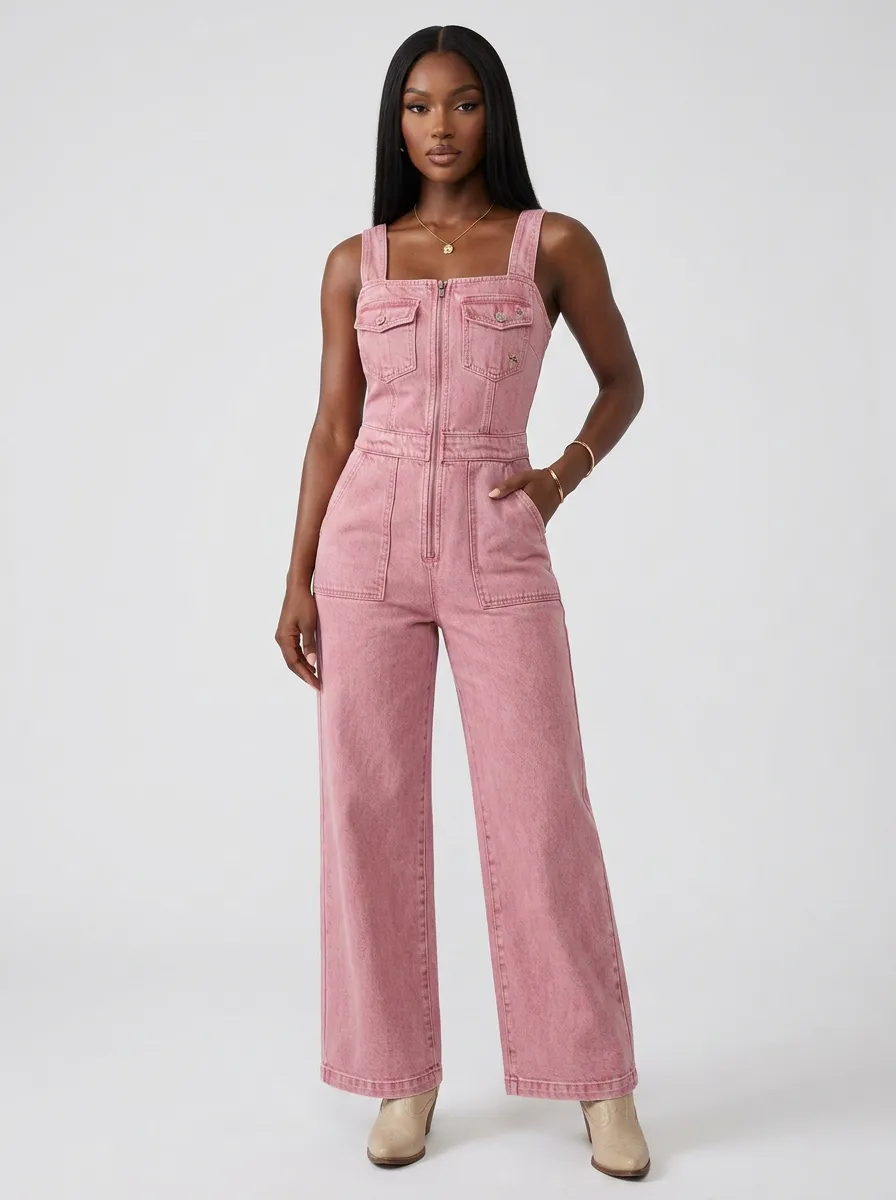 Pink Zip-Front Denim Jumpsuit
