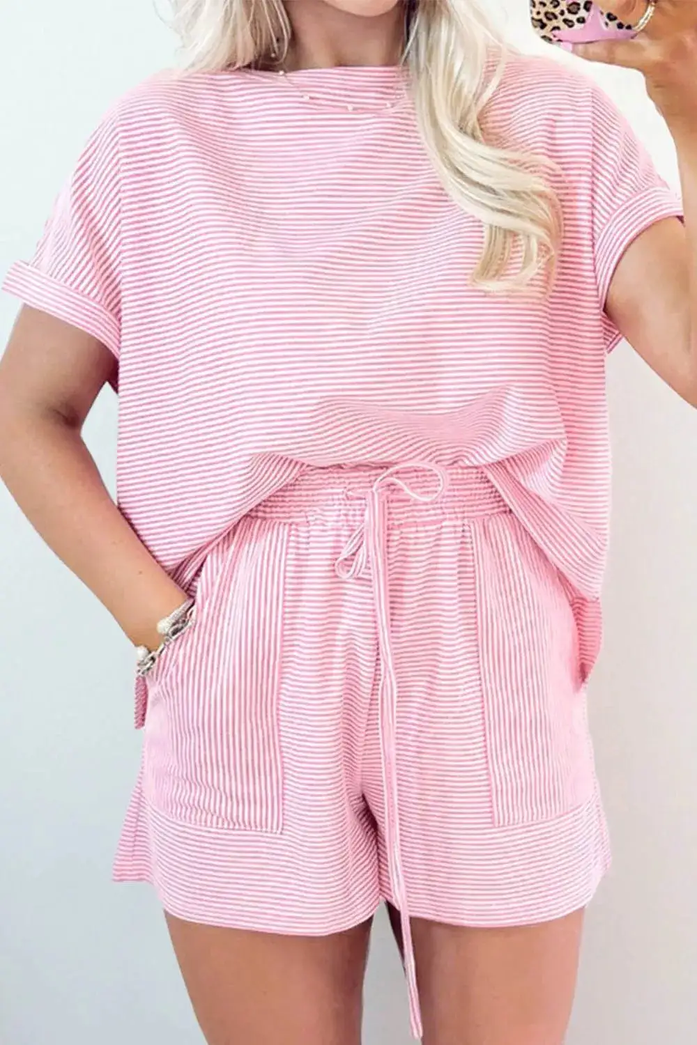 Stripe Matching Oversized Tee Drawstring Shorts Set