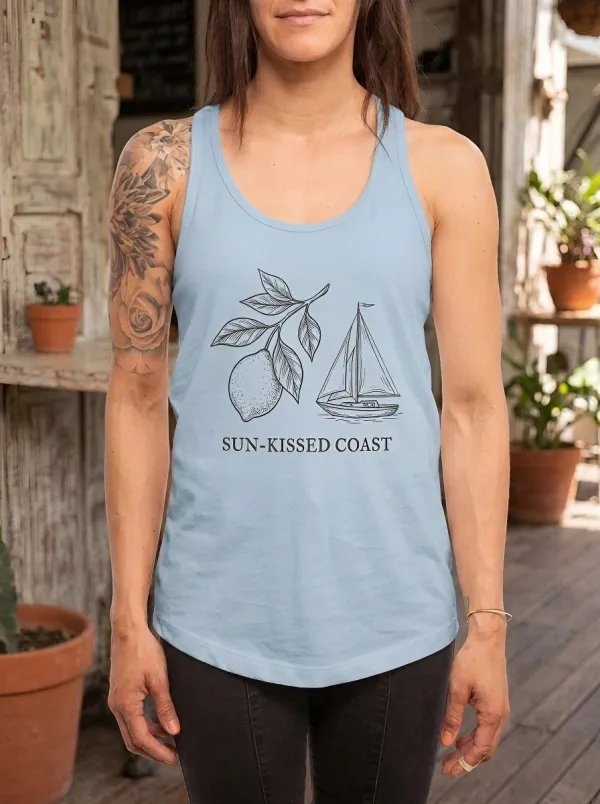 Women's Coastal Summer Lemon Sailboat Printed Tank Top