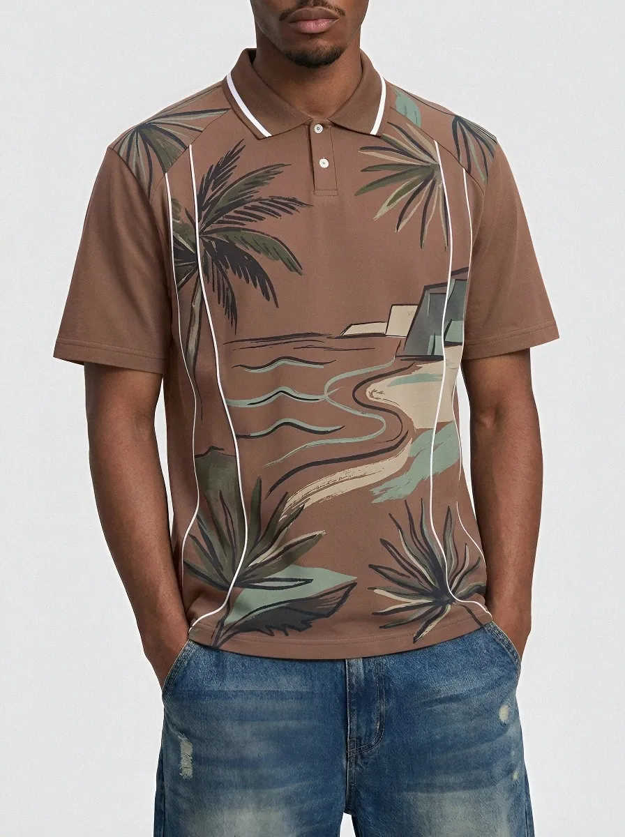 Men's Tropical Beach Palm Tree Printed Polo Shirt