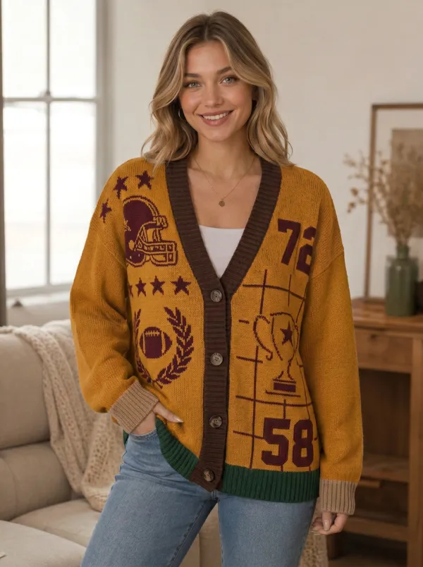 Women's Classic Dynamic Gridiron Helmet Trophy Ball Knit Cardigan
