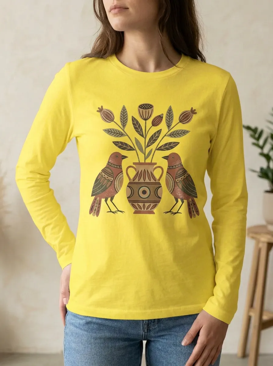 Women's Folk Art Bird and Vase Floral Printed Long Sleeve T-shirt