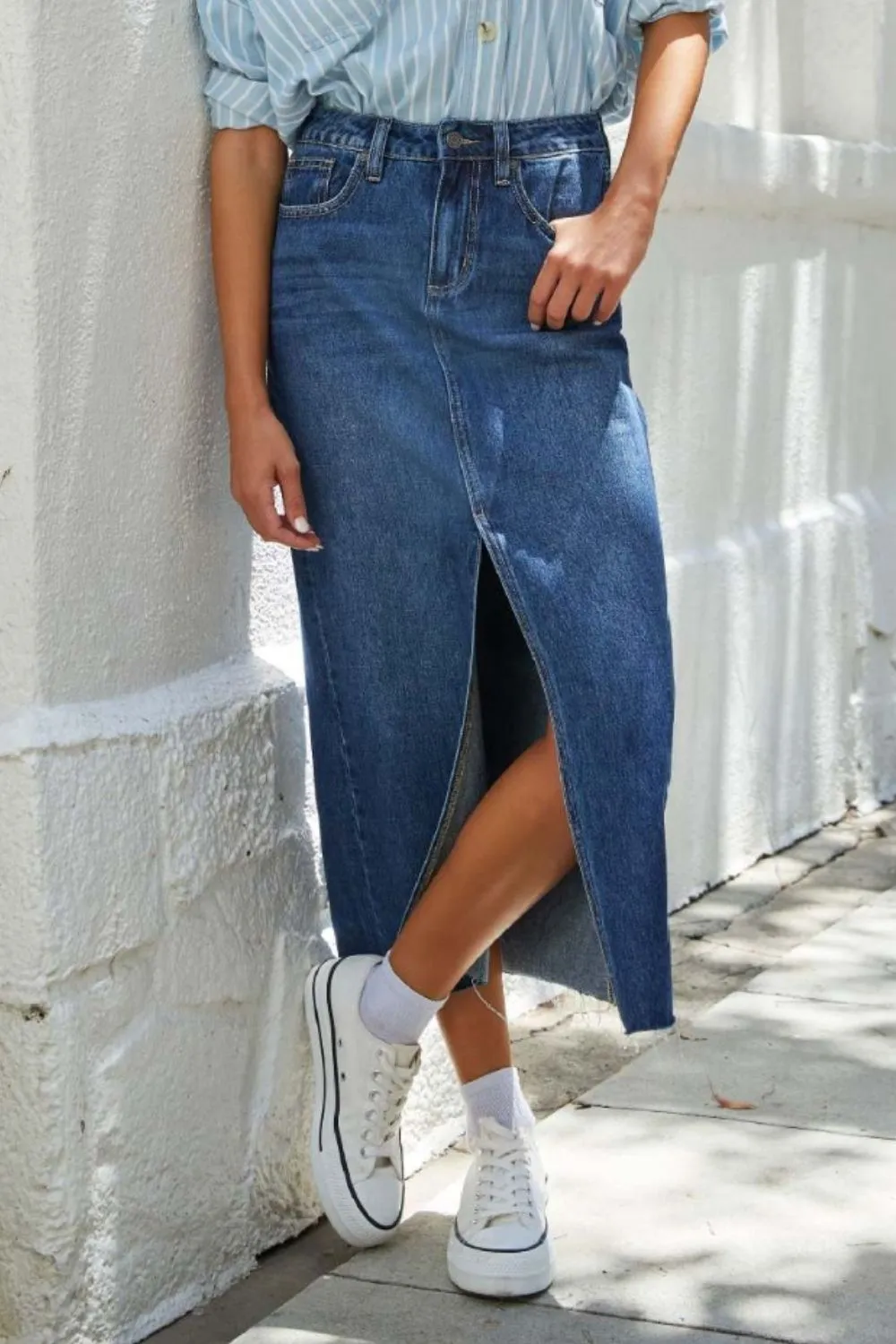 Slit Raw Hem Midi Skirt