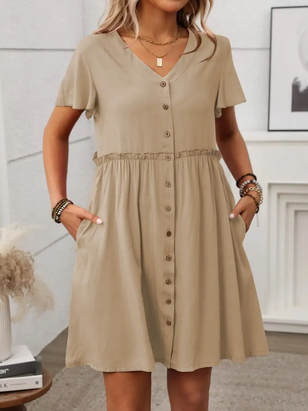 Flutter Sleeve Button Front Dress