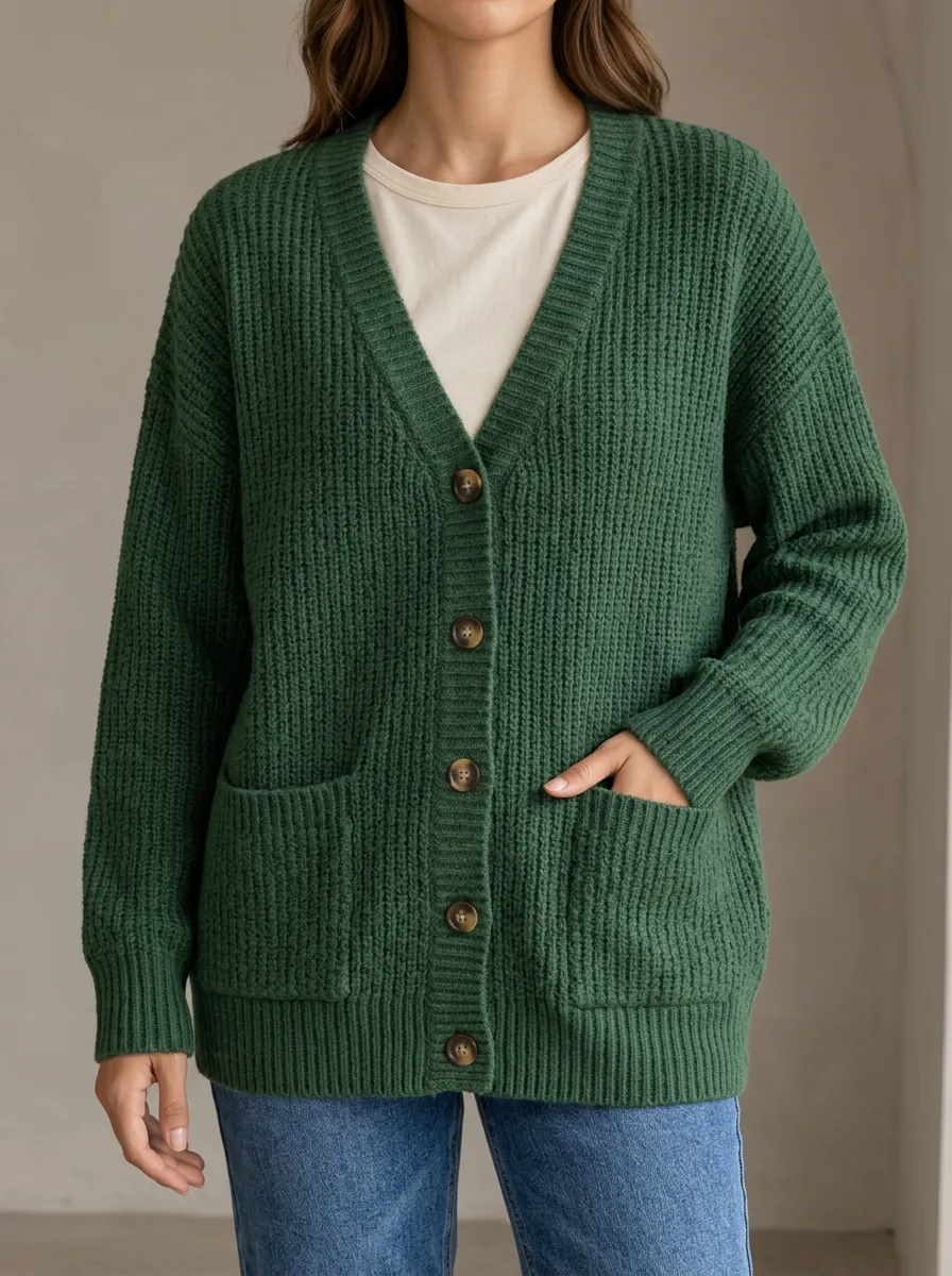 Women's Ribbed Knit Button Front V Neck Refined Cardigan