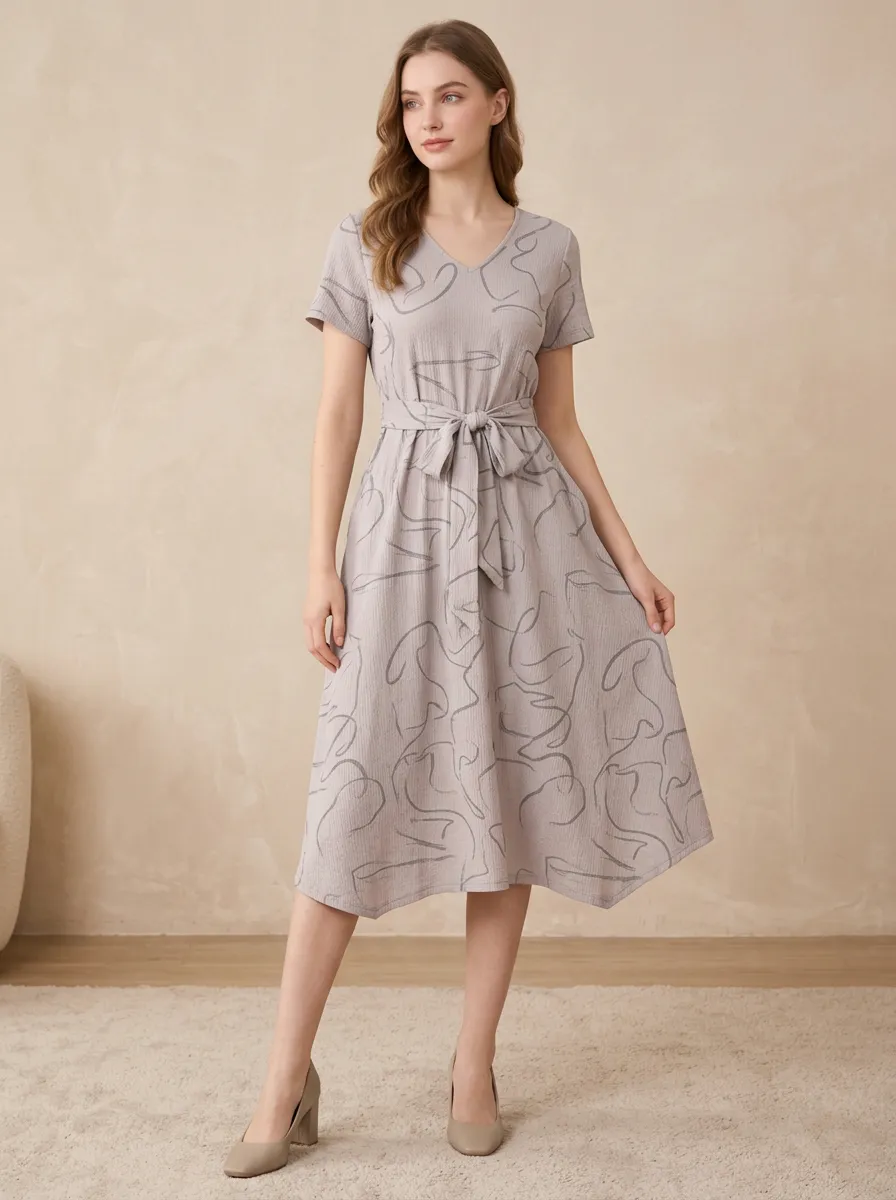 Women's Casual Abstract Line Art Printed V-neck Midi Dress