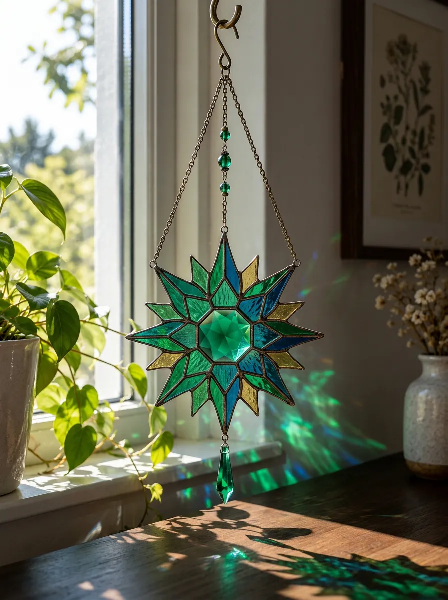 Stained Glass Star Geometric Crystal Suncatcher