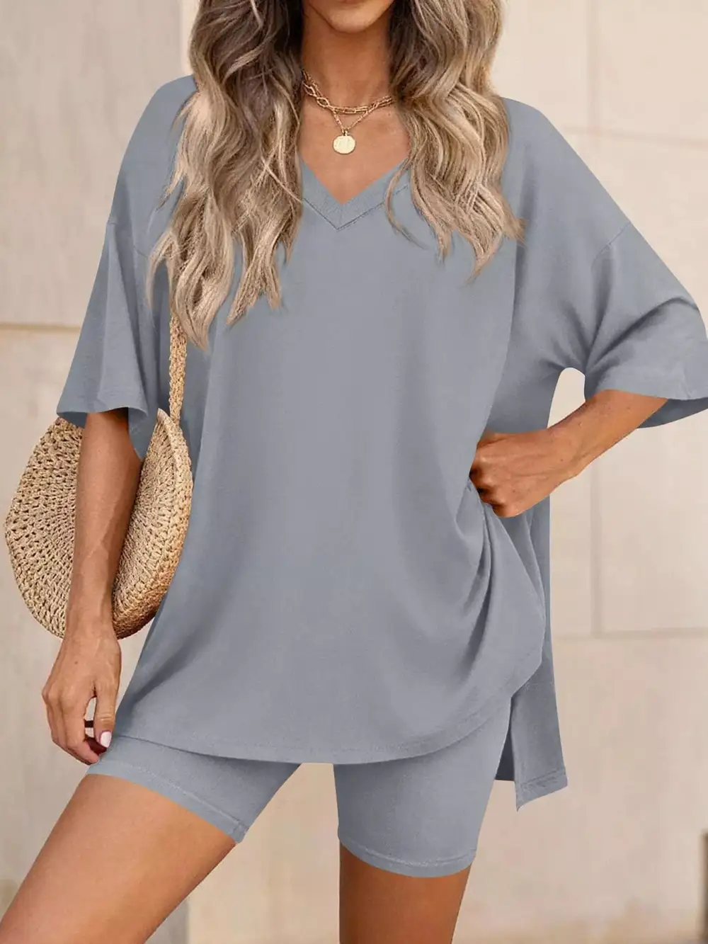Casual Loose V Neck T Shirt Shorts Sets