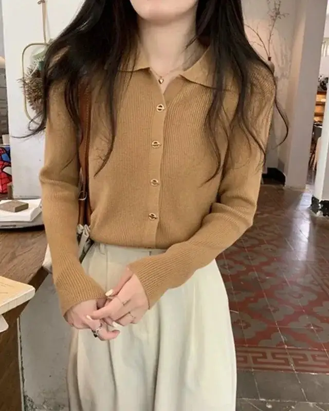 Polyester-Blend Button-Front Polo-Collar Relaxed-Fit Cardigan