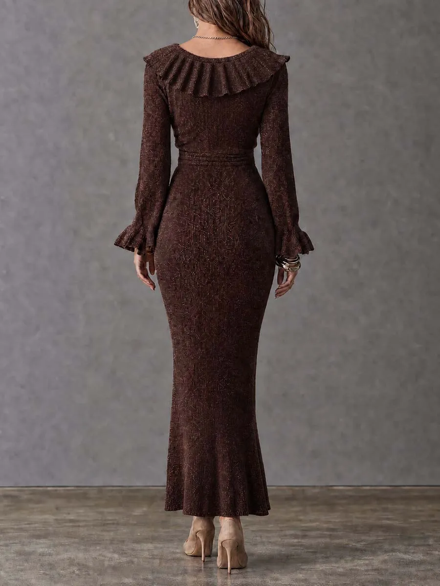 Boho Brown Ribbed Knit Ruffle Trim Bodycon Midi Dress