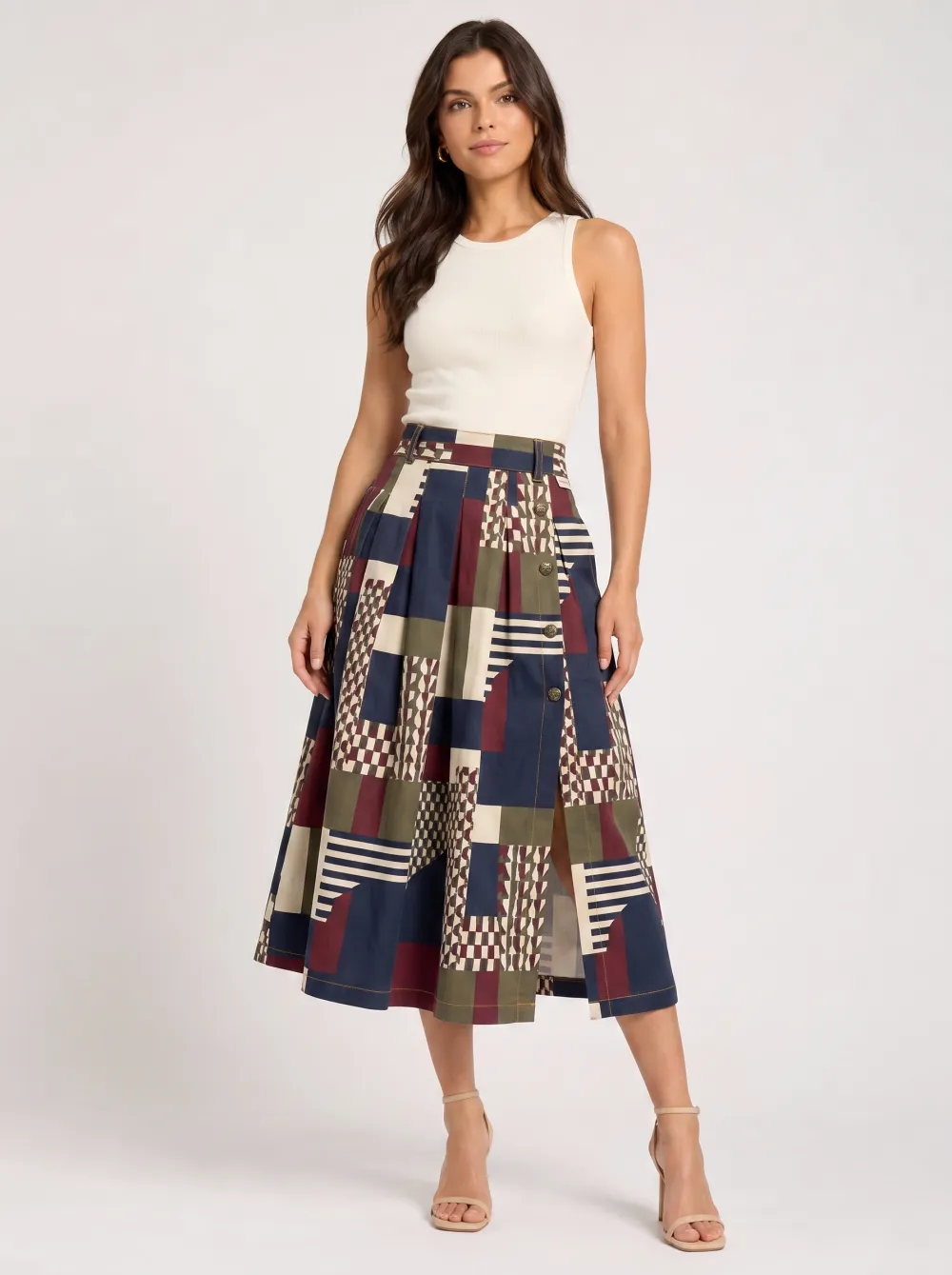 Women's Geometric Patchwork Pattern Printed Midi Skirt