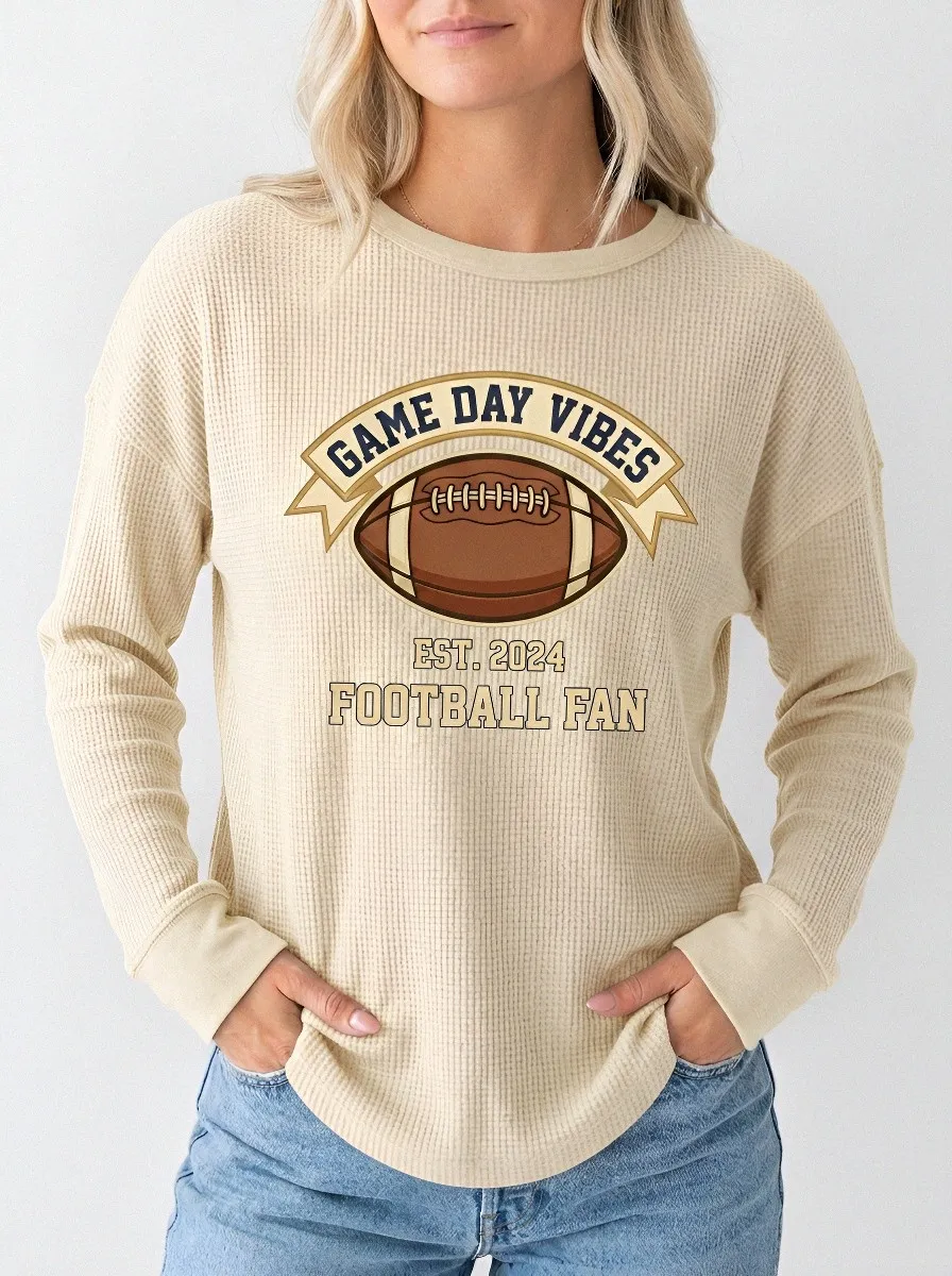 Women's Football Fan Game Day Vibes Printed Waffle T-Shirt
