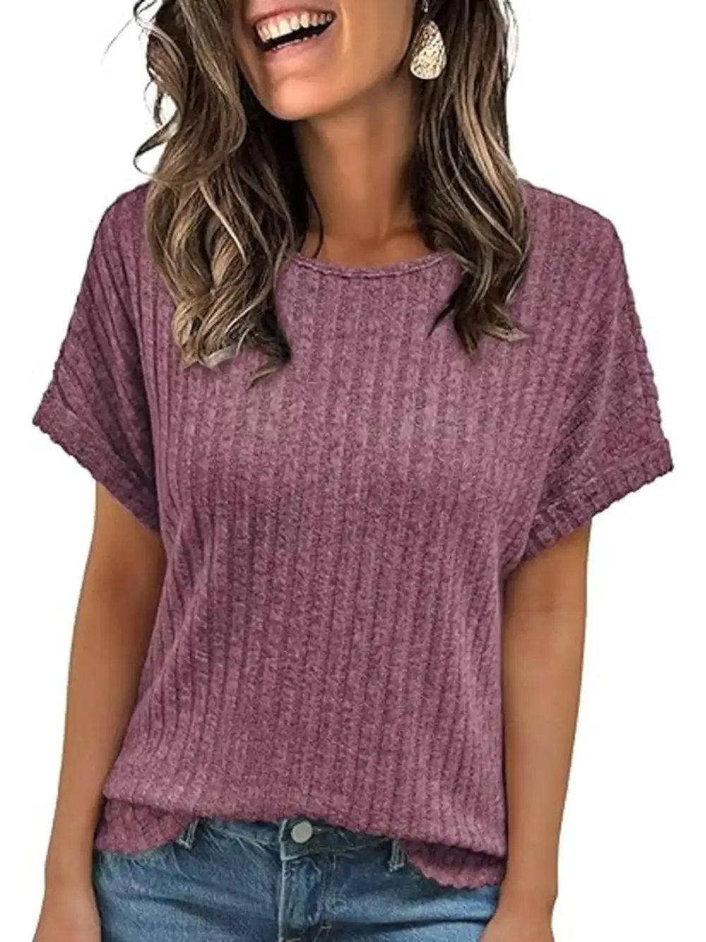 Casual Ribbed Knit Short Sleeve T Shirt
