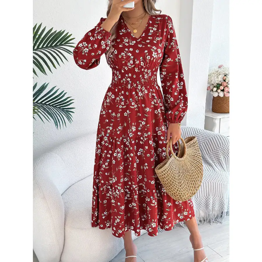 Long Sleeve V-Neck Midi Dress
