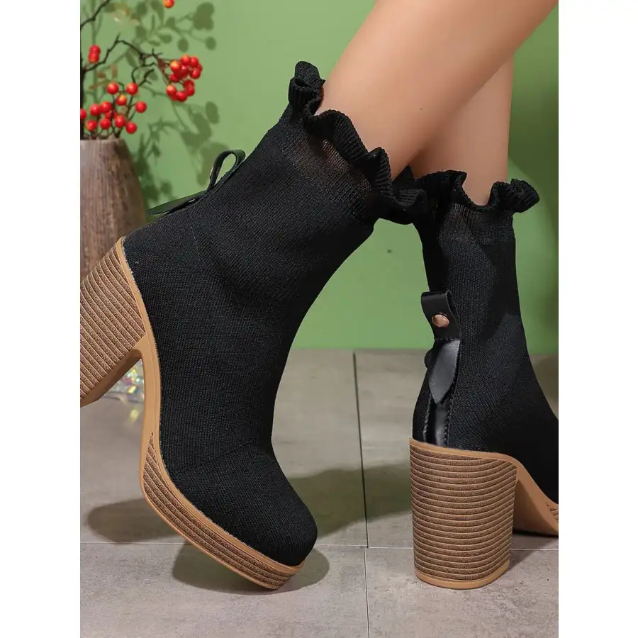 Ruffled Trim Chunky Heel Boots
