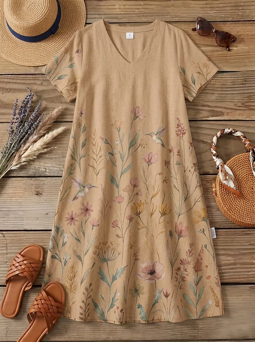 Nature Lover Hummingbird Floral V-Neck Dress