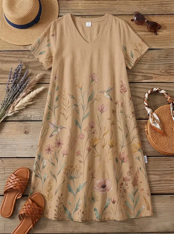 Nature Lover Hummingbird Floral V-Neck Dress