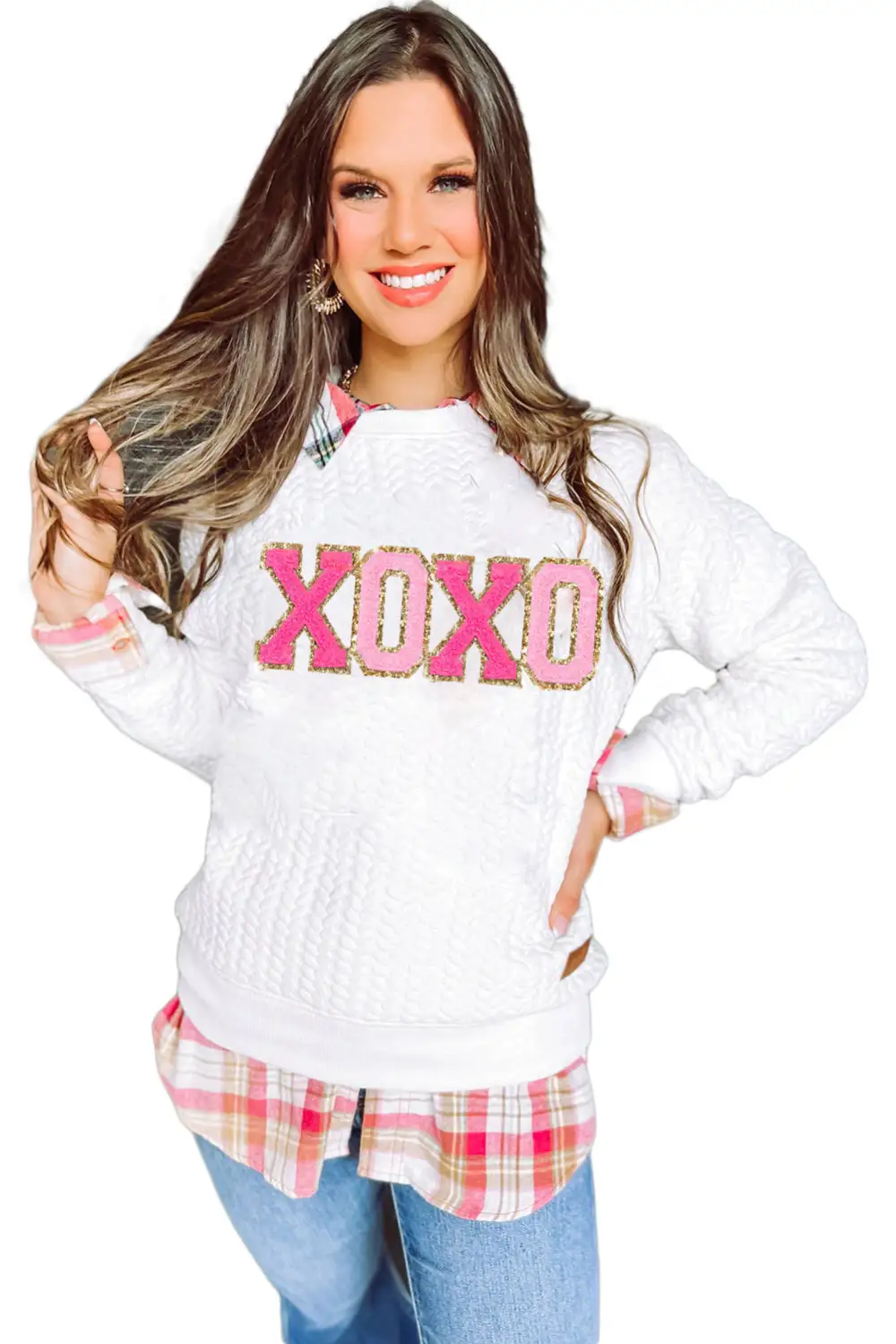 XOXO Glitter Chenille Cable Knit Sweatshirt