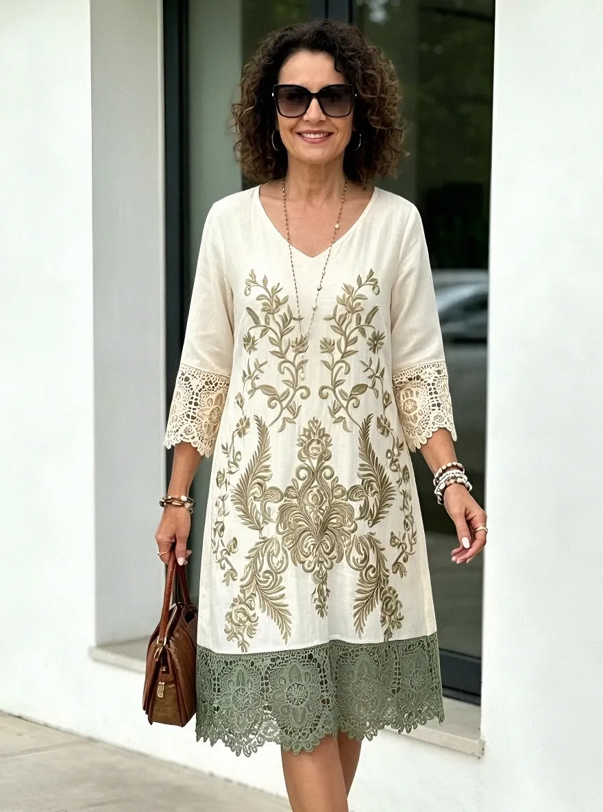 Women's Summer Vacation Floral Embroidery Lace Trimmed Dress