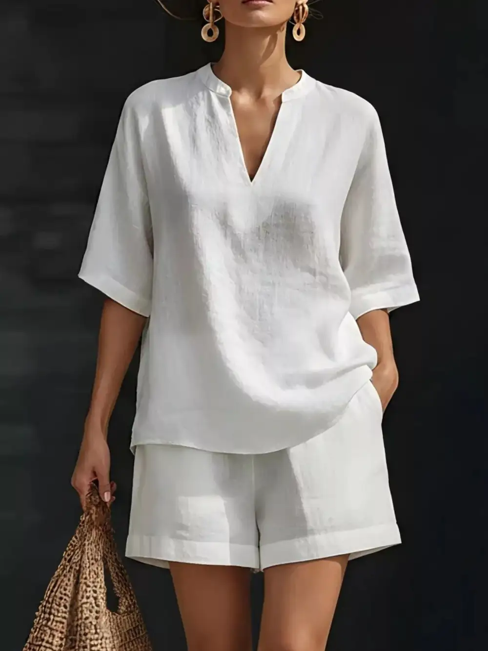 Notched Half Sleeve Top Shorts Set Plus