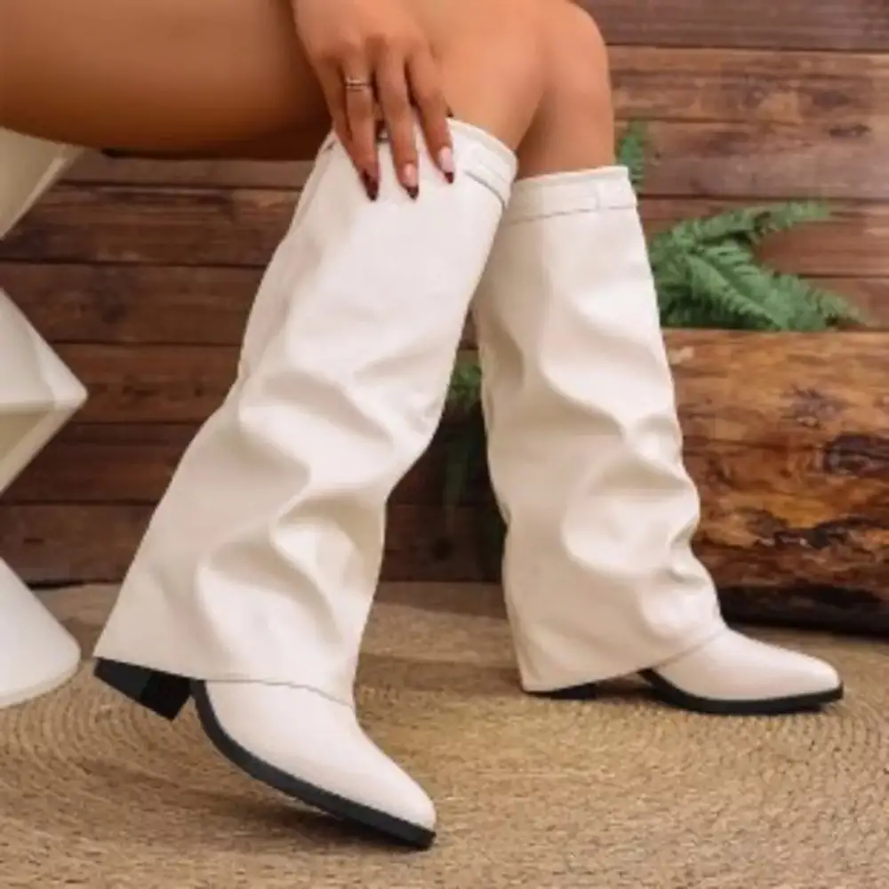 Street Everyday Point Toe Block Heels Boots
