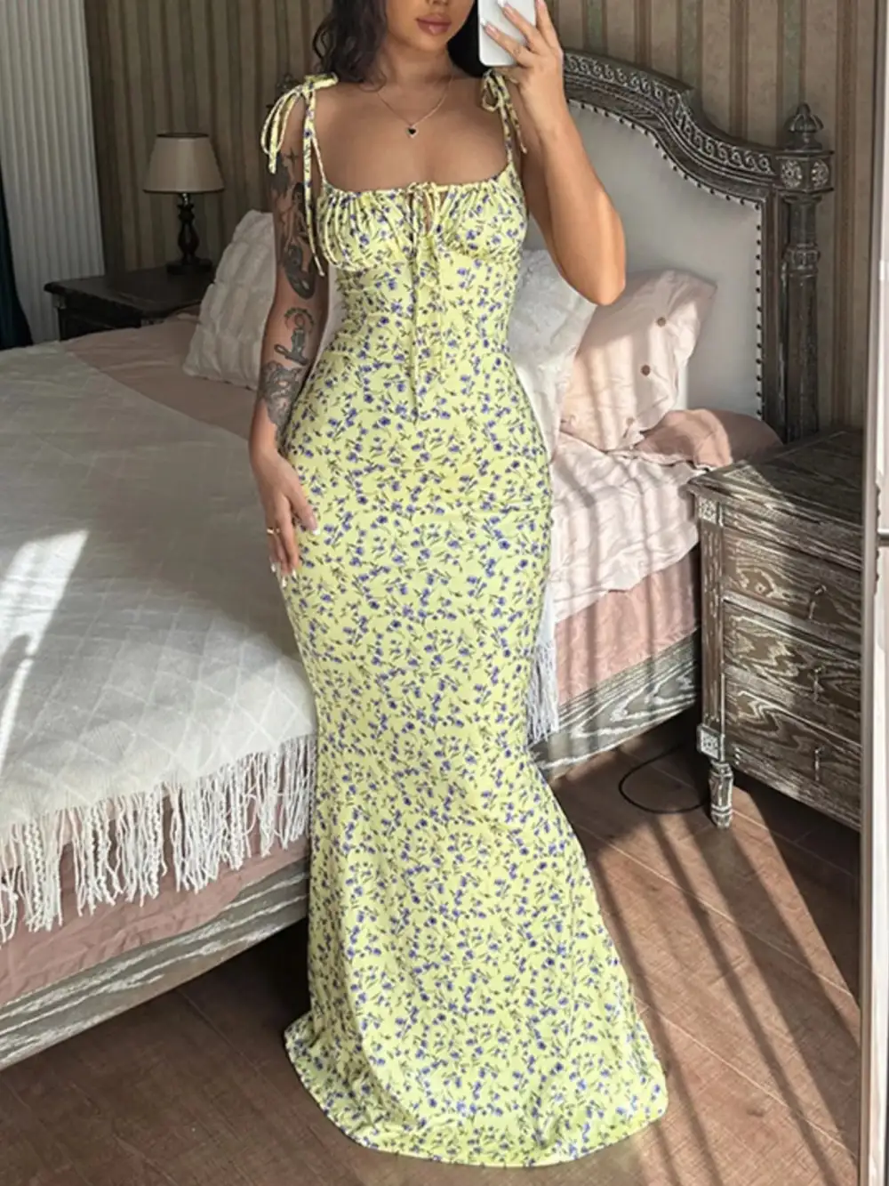 Relaxed Floral Print Tie Strap Bodycon Maxi Dress