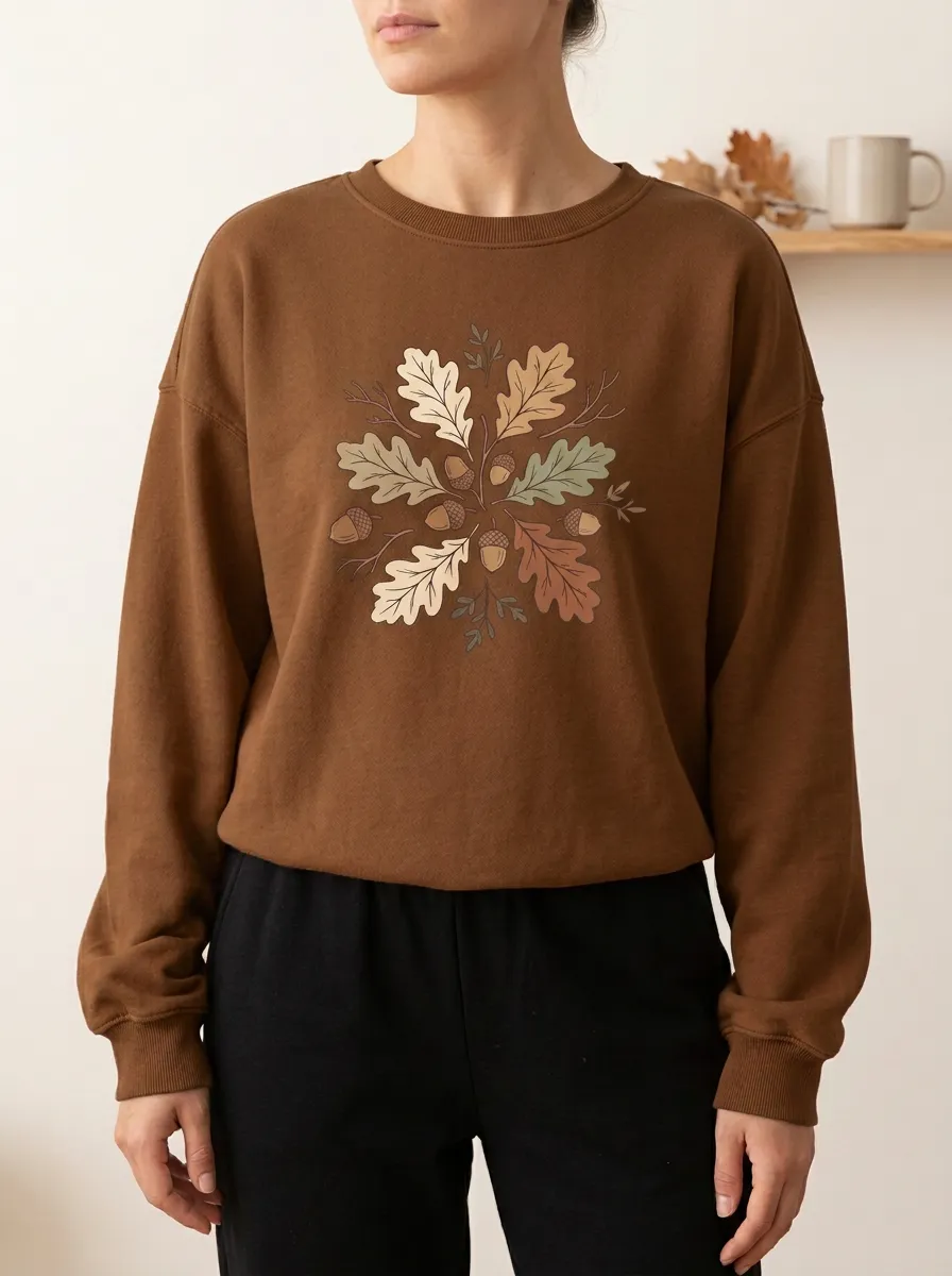 Textured Printed Acorn Leaf-Motif Graphic Sweatshirt
