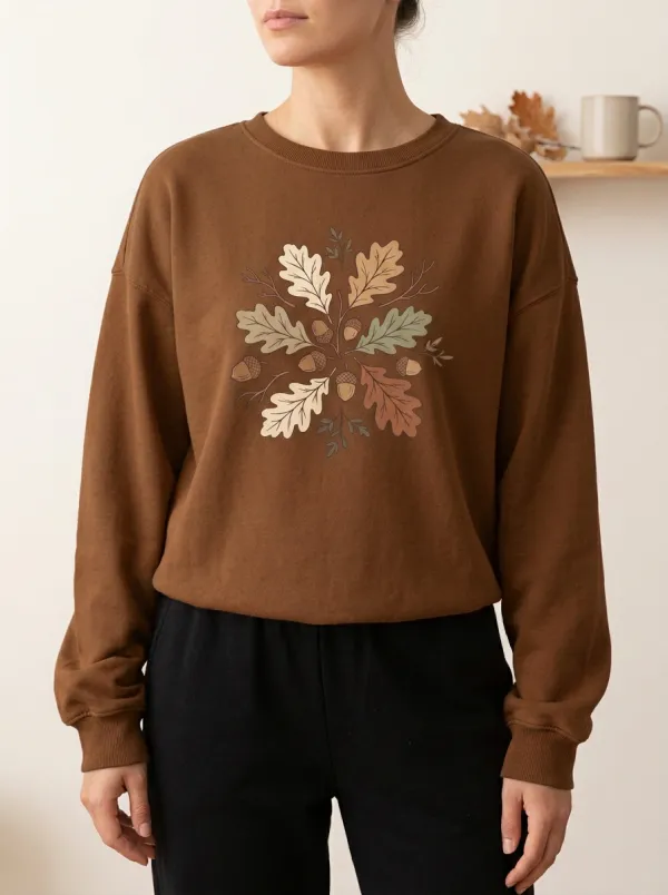 Textured Printed Acorn Leaf-Motif Graphic Sweatshirt