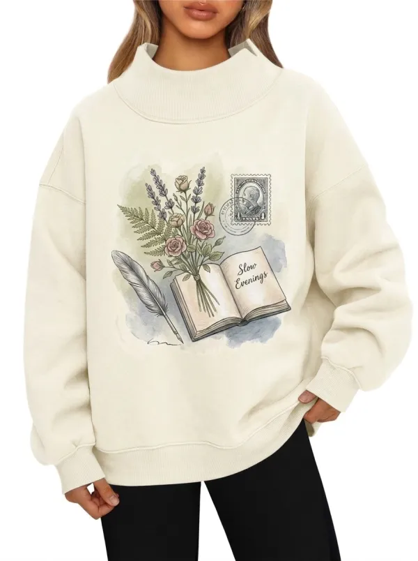 Women's Book Lover Floral Feather Stamp Printed Sweatshirt