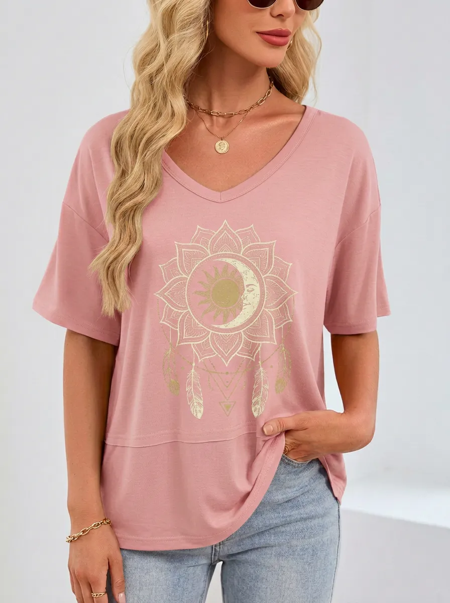 Women's Boho Celestial Sun Moon Feather Mandala Printed T-shirt