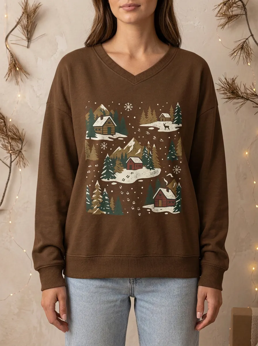 Christmas Winter Cabin Forest Print Sweatshirt