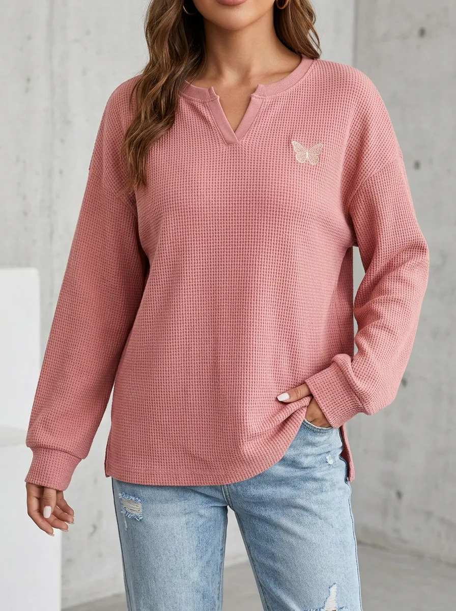 Women's Pink Butterfly Waffle Knit Printed Top