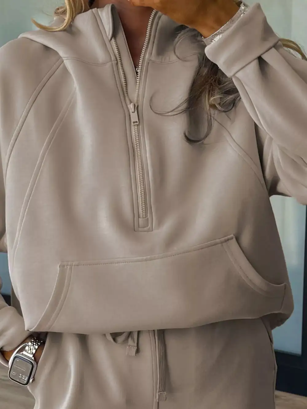 Half Zip Long Sleeve Hoodie and Pants Pcs Outfit
