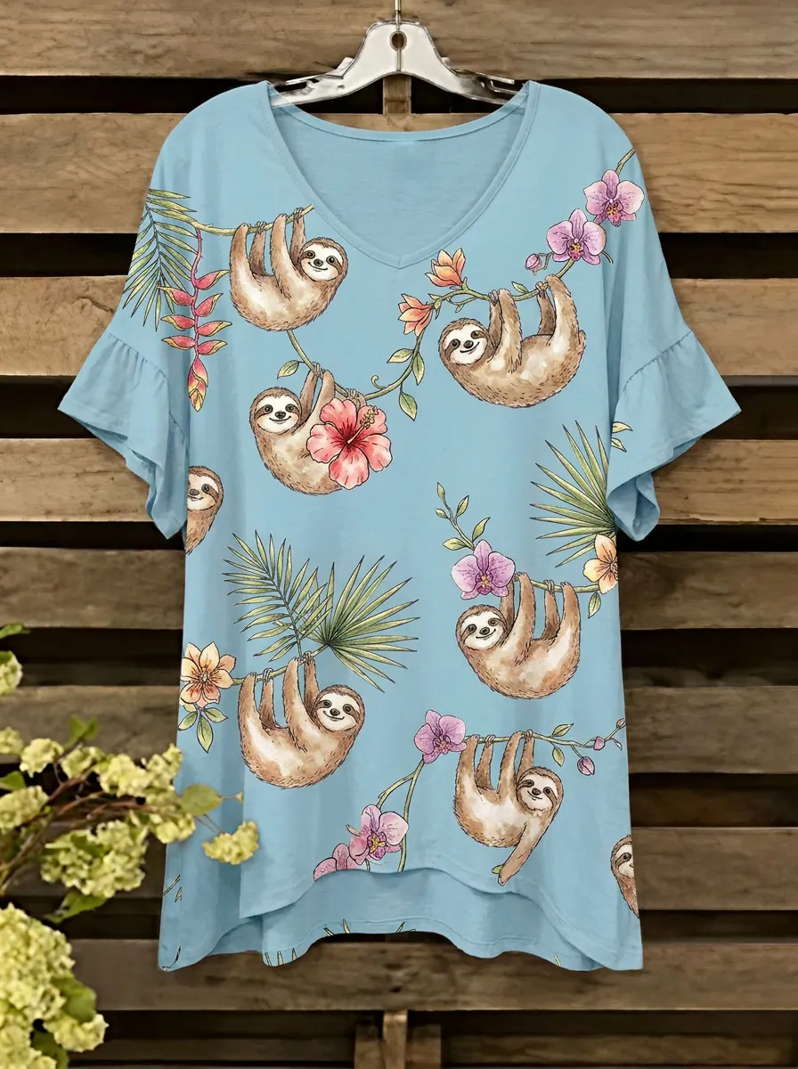 Floral Tropical Ruffle Women's Loose Printed Blouse