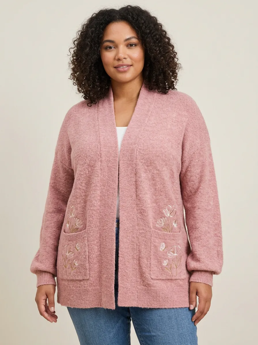 Pink Floral Embroidered Knit Open-Front Cardigan