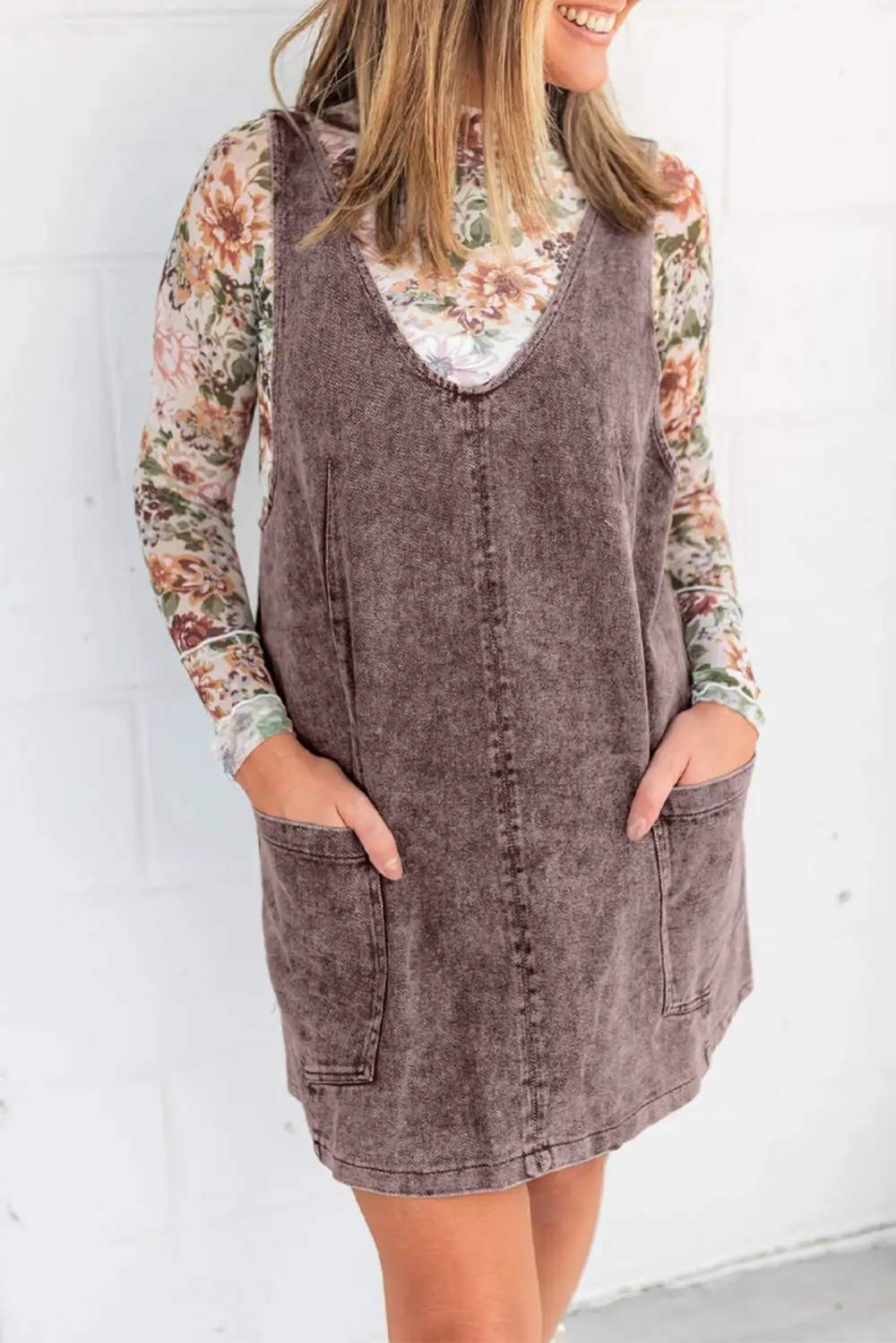 Goat Vintage Washed Denim V Neck Suspender Mini Dress
