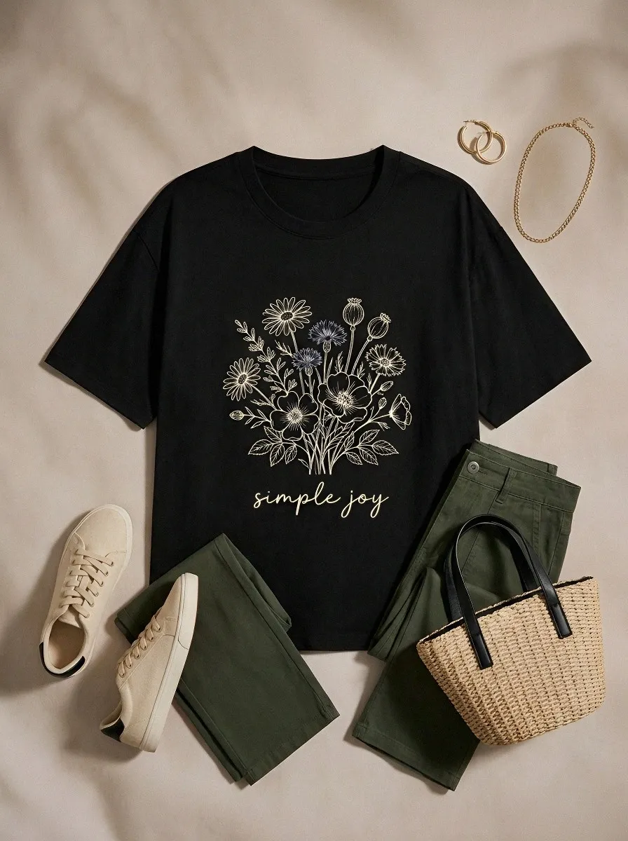 Women's Simple Joy Floral Bouquet Printed T-shirt