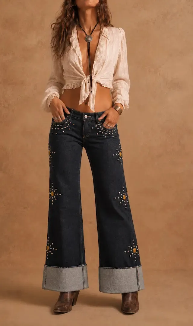 Studded Detail Wide Leg Cuffed Low Rise Western Style Denim Jeans