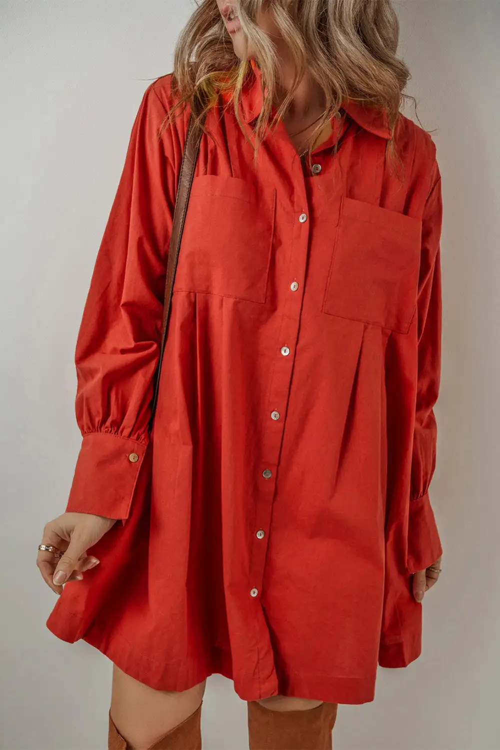 Pleated Button Front Mini Dress
