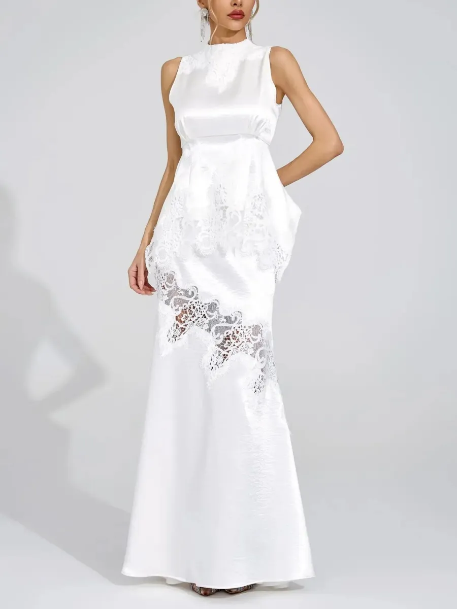 Isla Satin Lace-Overlay Sleeveless Mermaid Maxi Dress Sets