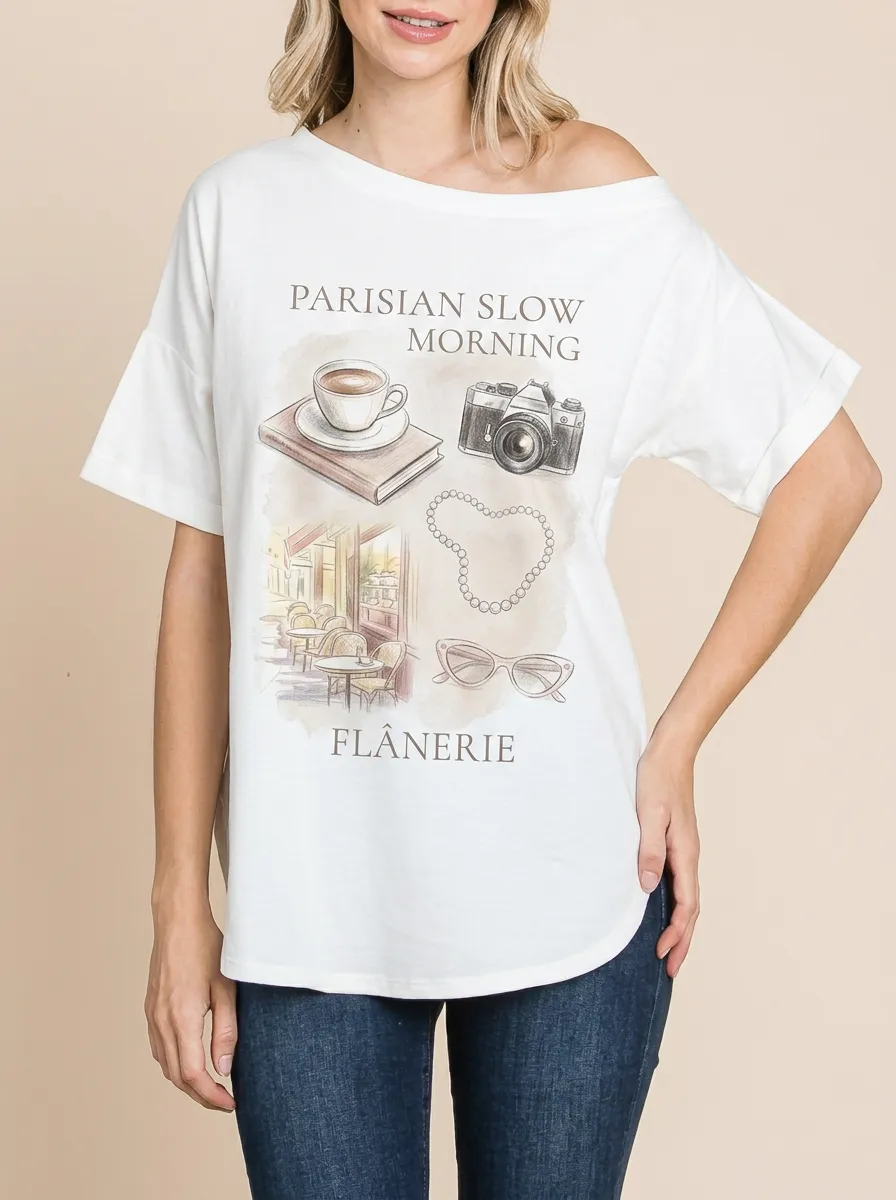 Women's Parisian Aesthetic Coffee Camera Pearl Printed T-shirt