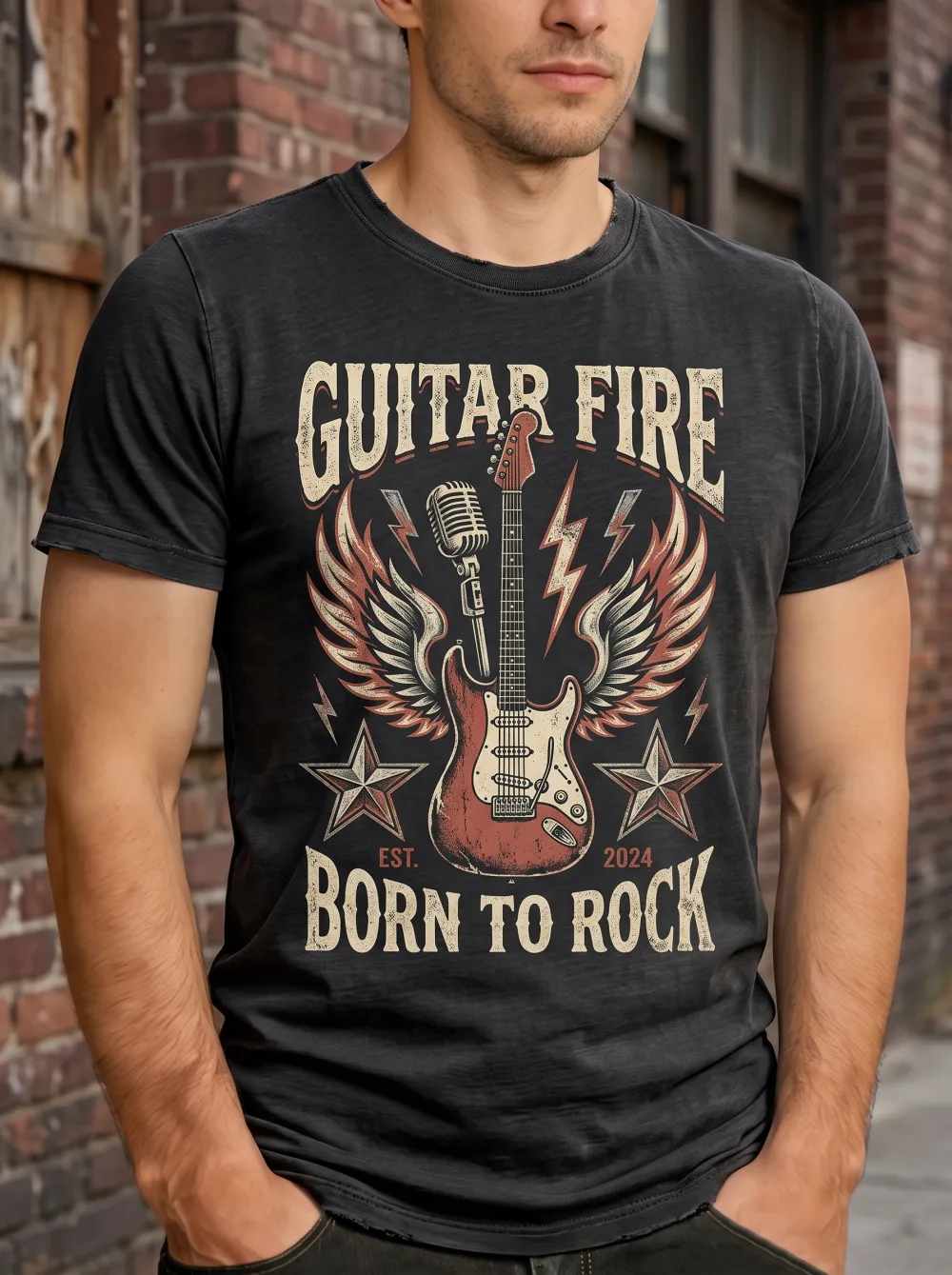 Men's Rock Music Lover Guitar Wings Microphone Printed T-shirt