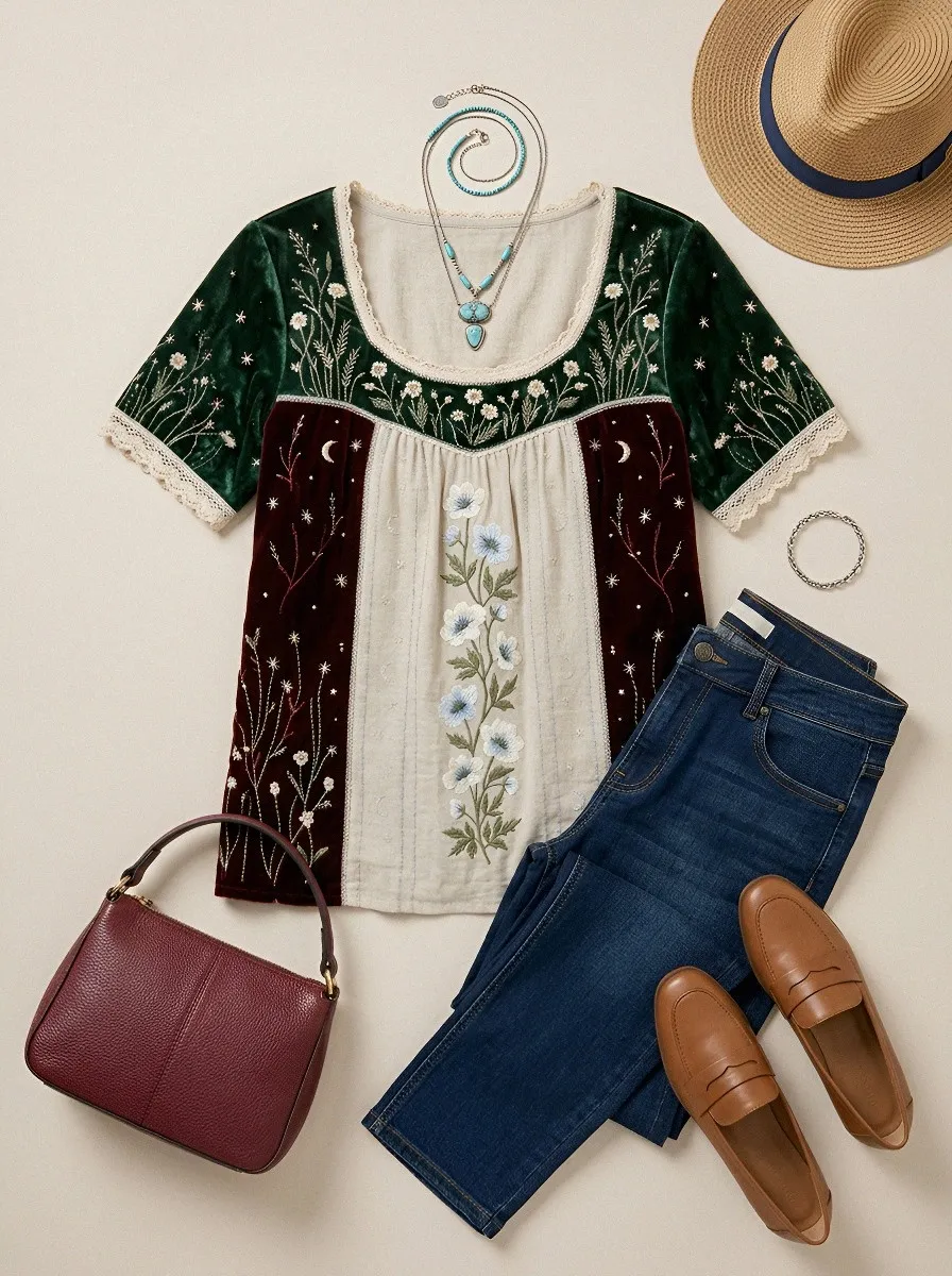 Women's Boho Floral Moon Celestial Embroidered Printed T-shirt