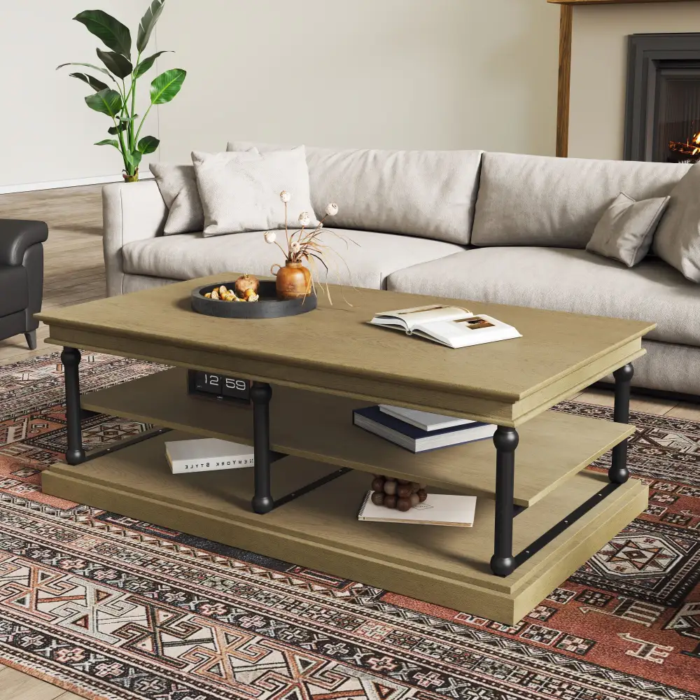 Wood Coffee Table with Legs and Open Storage Shelves