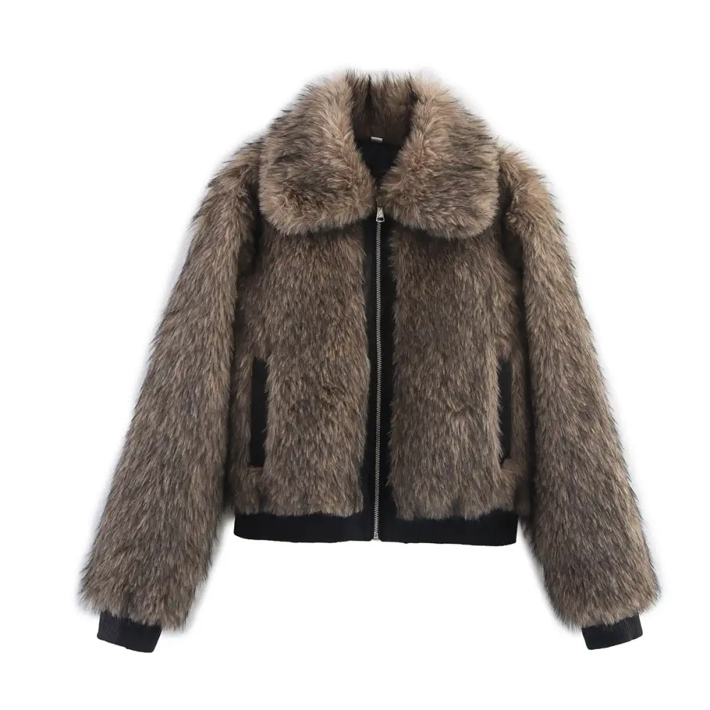 Teddy Shawl Collar Zip Front Ribbed Trim Bomber Jacket