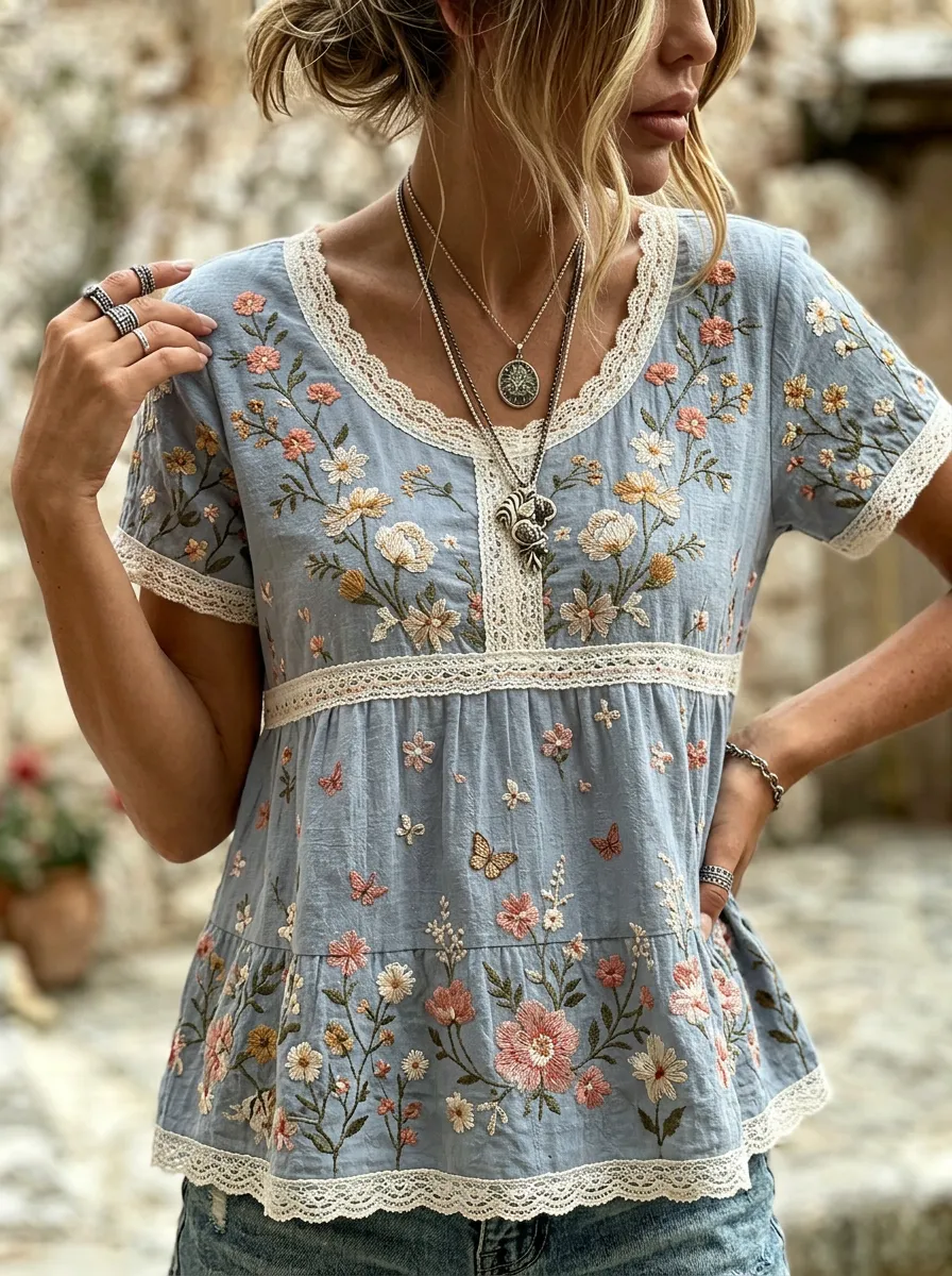 Women's Floral Butterfly Boho Embroidered Printed T-shirt