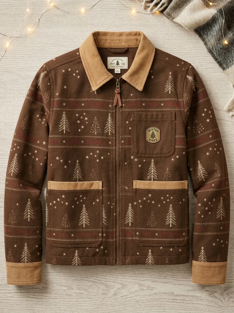 Unisex Christmas Joy Peace Pine Tree Print Corduroy Jacket