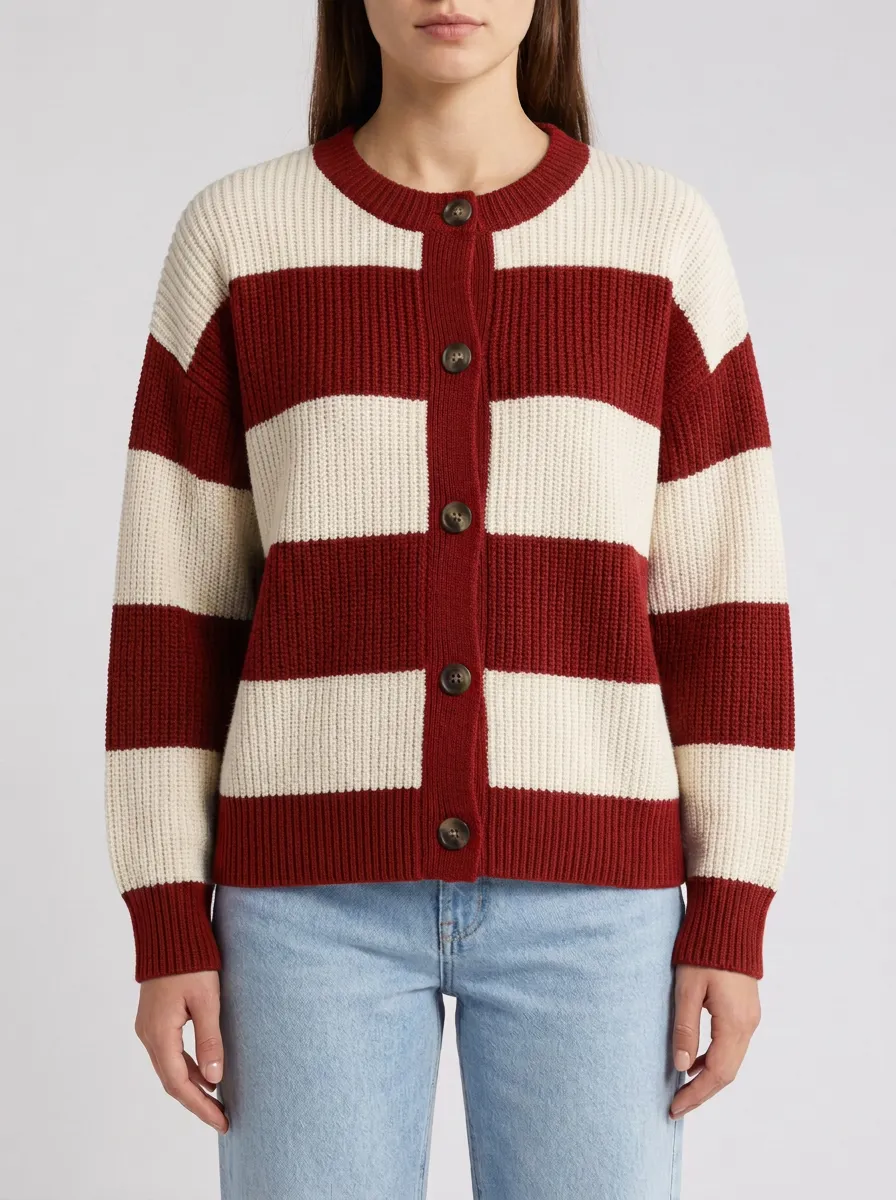 Collegiate Style Rugby Striped Knit Cardigan