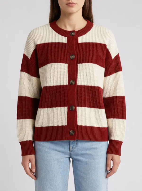 Collegiate Style Rugby Striped Knit Cardigan