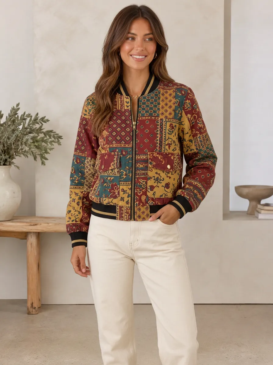 Women's Vintage Bohemian Patchwork Printed Bomber Jacket